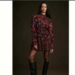 NWT FARM Rio Iridescent Leopard Print Ruffled Mini Dress Black Smocked Neck XXS